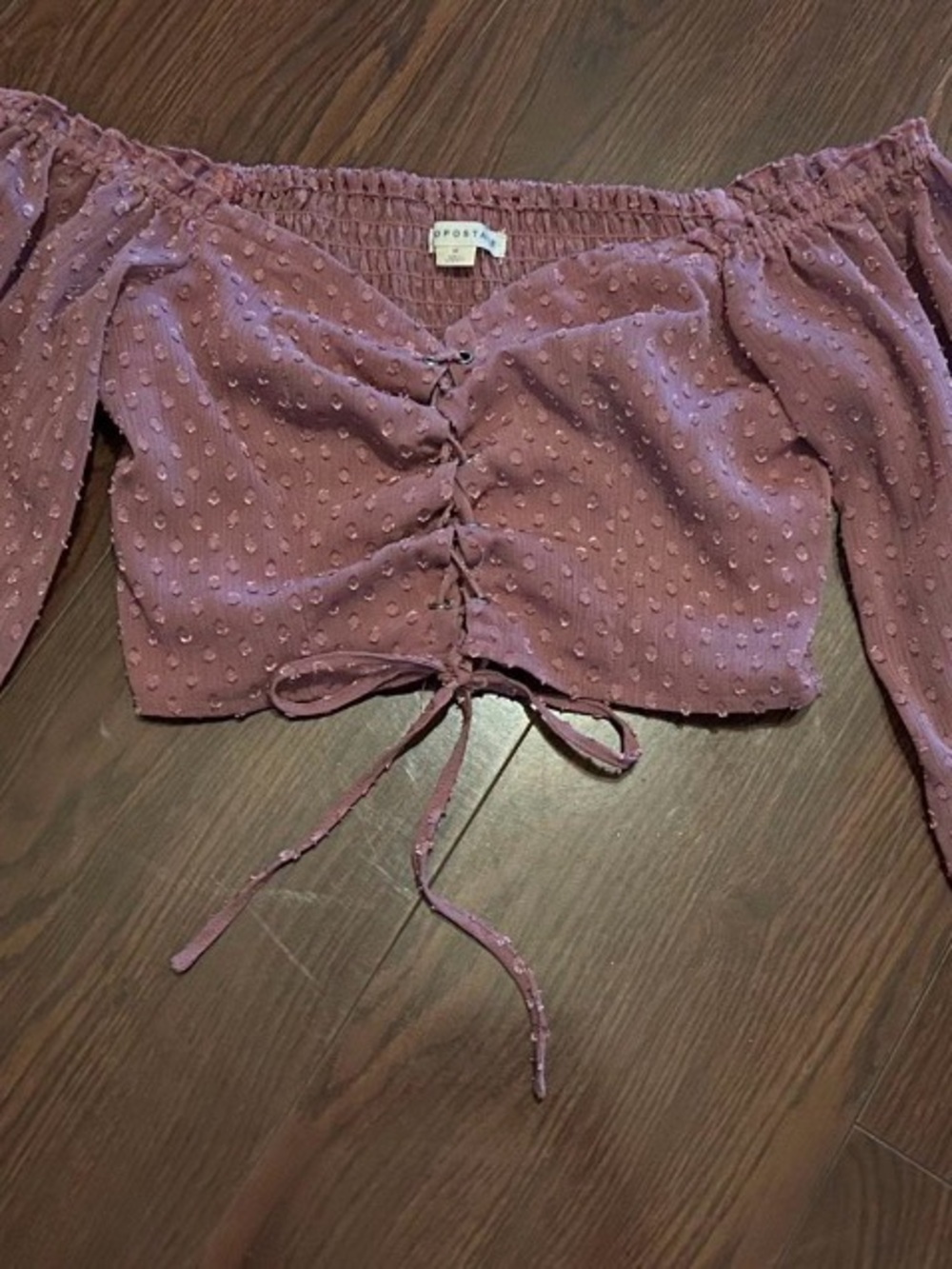Aeropostale Mauve Off-Shoulder Swiss Dot Tie-Front Crop Top